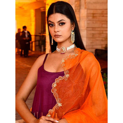 Bannhi Purple Aari Embroidered Anarkali With Pant and Dupatta