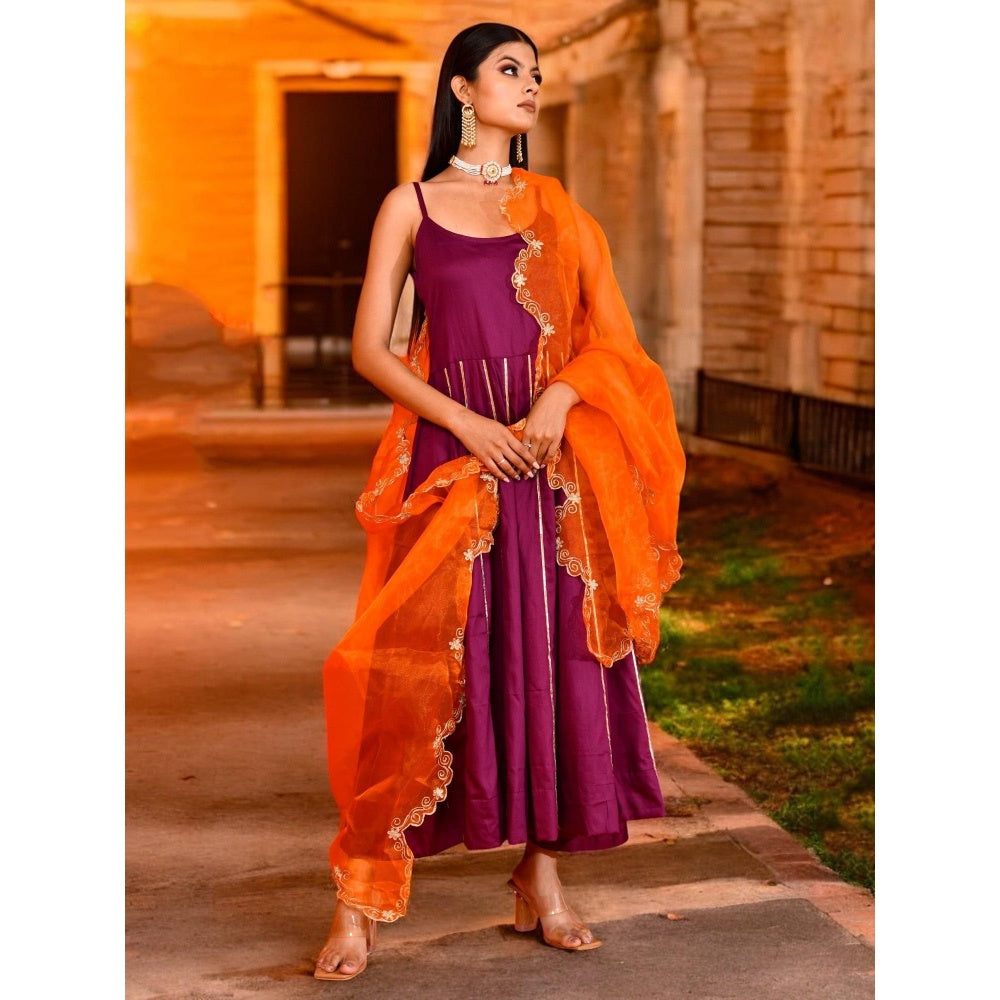 Bannhi Purple Aari Embroidered Anarkali With Pant and Dupatta