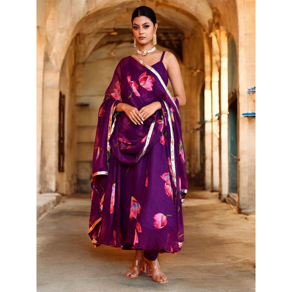 Bannhi Purple Keshavi Chiffon Anarkali With Pant and Dupatta