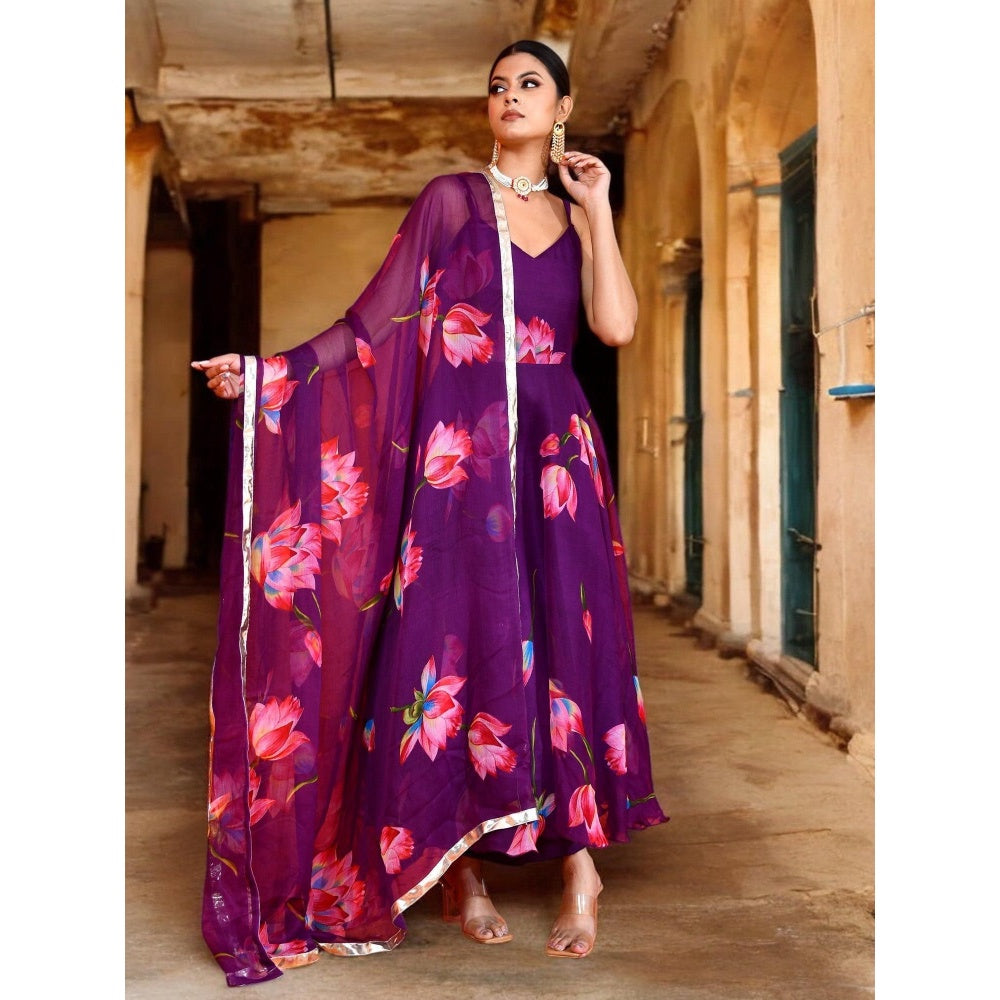 Bannhi Purple Keshavi Chiffon Anarkali With Pant and Dupatta