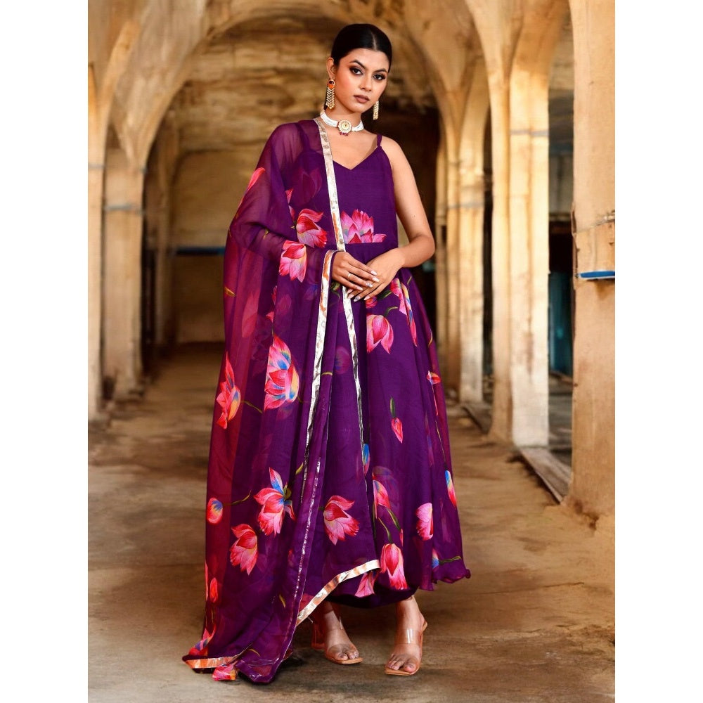 Bannhi Purple Keshavi Chiffon Anarkali With Pant and Dupatta