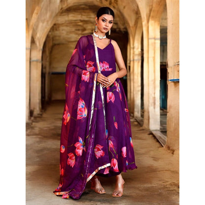Bannhi Purple Keshavi Chiffon Anarkali With Pant and Dupatta