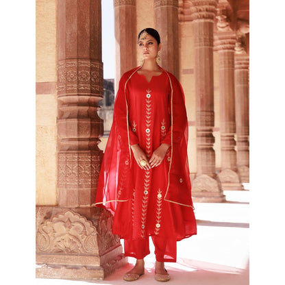 Bannhi Red Chanderi Aari Embroidered Anarkali With Pant and Dupatta