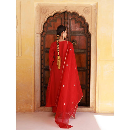 Bannhi Red Chanderi Aari Embroidered Anarkali With Pant and Dupatta