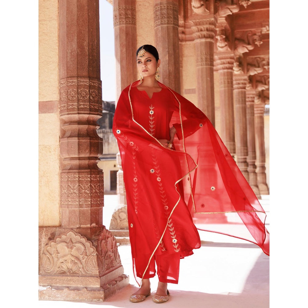 Bannhi Red Chanderi Aari Embroidered Anarkali With Pant and Dupatta
