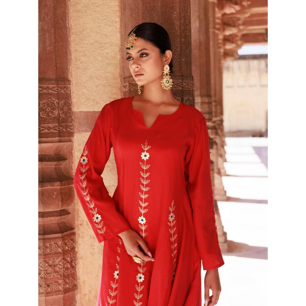Bannhi Red Chanderi Aari Embroidered Anarkali With Pant and Dupatta