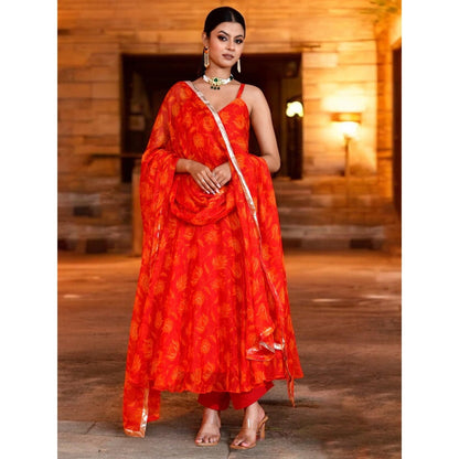 Bannhi Red Rohini Chiffon Anarkali With Pant and Dupatta