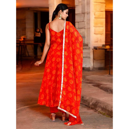 Bannhi Red Rohini Chiffon Anarkali With Pant and Dupatta