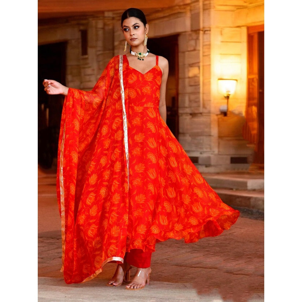 Bannhi Red Rohini Chiffon Anarkali With Pant and Dupatta