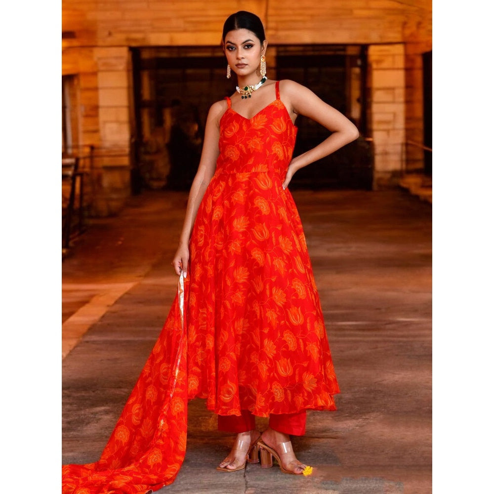 Bannhi Red Rohini Chiffon Anarkali With Pant and Dupatta