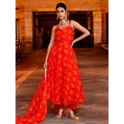 Bannhi Red Rohini Chiffon Anarkali With Pant and Dupatta
