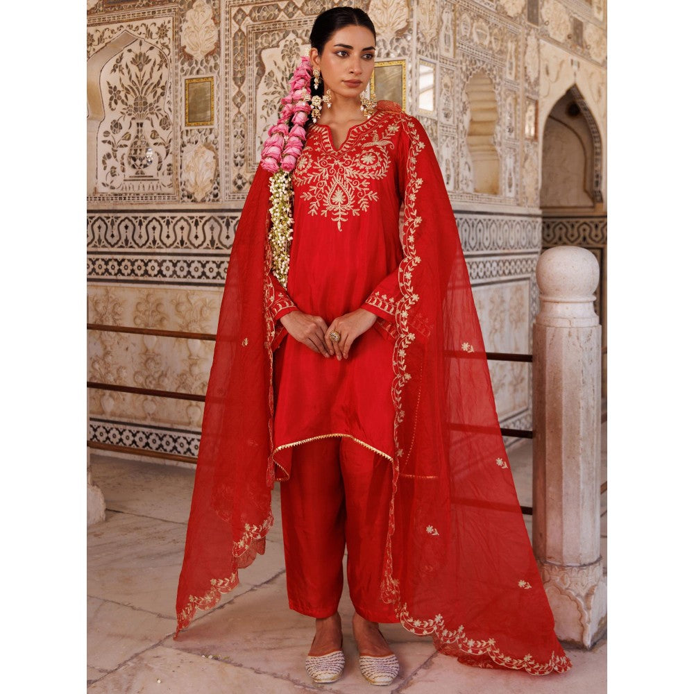 Bannhi Red Silk Hand Embroidered Kurta With Pant and Dupatta