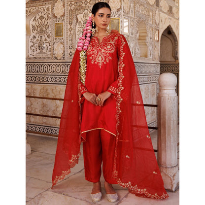 Bannhi Red Silk Hand Embroidered Kurta With Pant and Dupatta