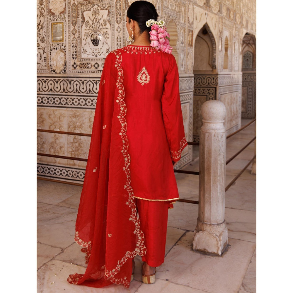 Bannhi Red Silk Hand Embroidered Kurta With Pant and Dupatta