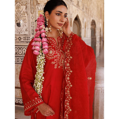 Bannhi Red Silk Hand Embroidered Kurta With Pant and Dupatta