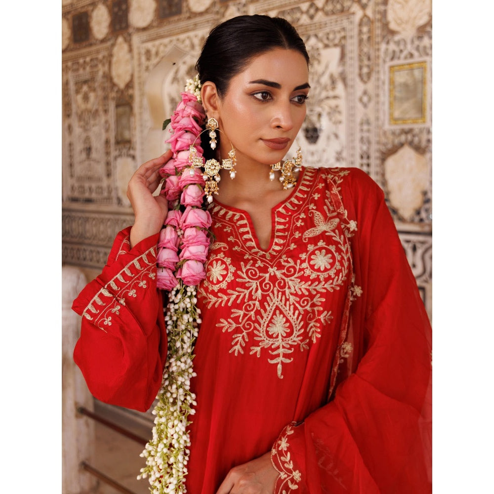 Bannhi Red Silk Hand Embroidered Kurta With Pant and Dupatta