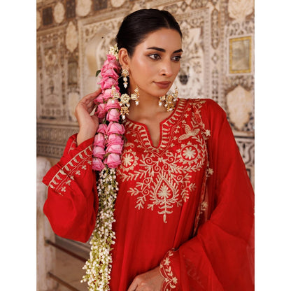 Bannhi Red Silk Hand Embroidered Kurta With Pant and Dupatta