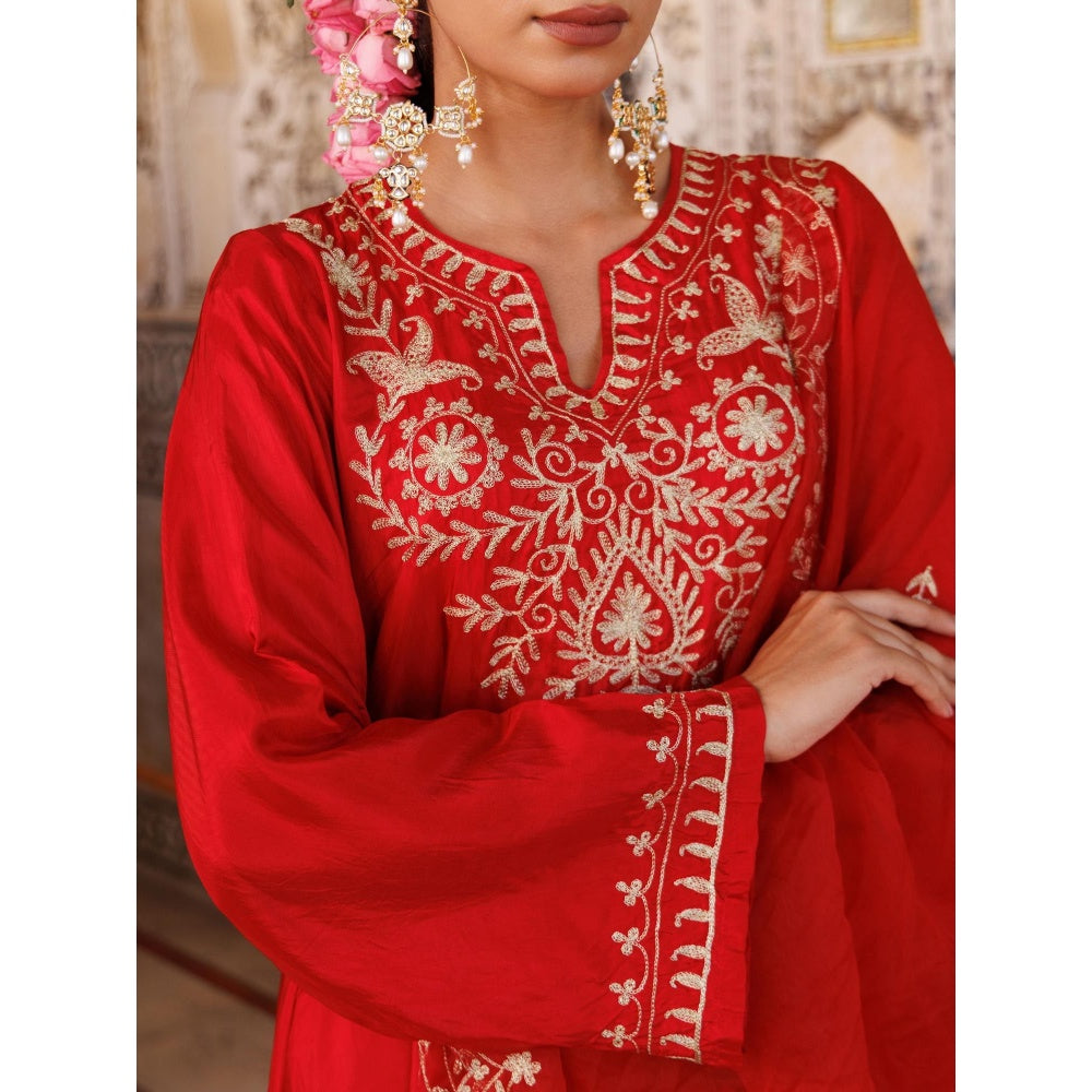 Bannhi Red Silk Hand Embroidered Kurta With Pant and Dupatta
