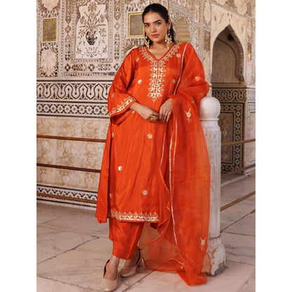 Bannhi Rust Silk Gota Patti Work Kurta With Pant and Dupatta
