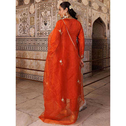 Bannhi Rust Silk Gota Patti Work Kurta With Pant and Dupatta