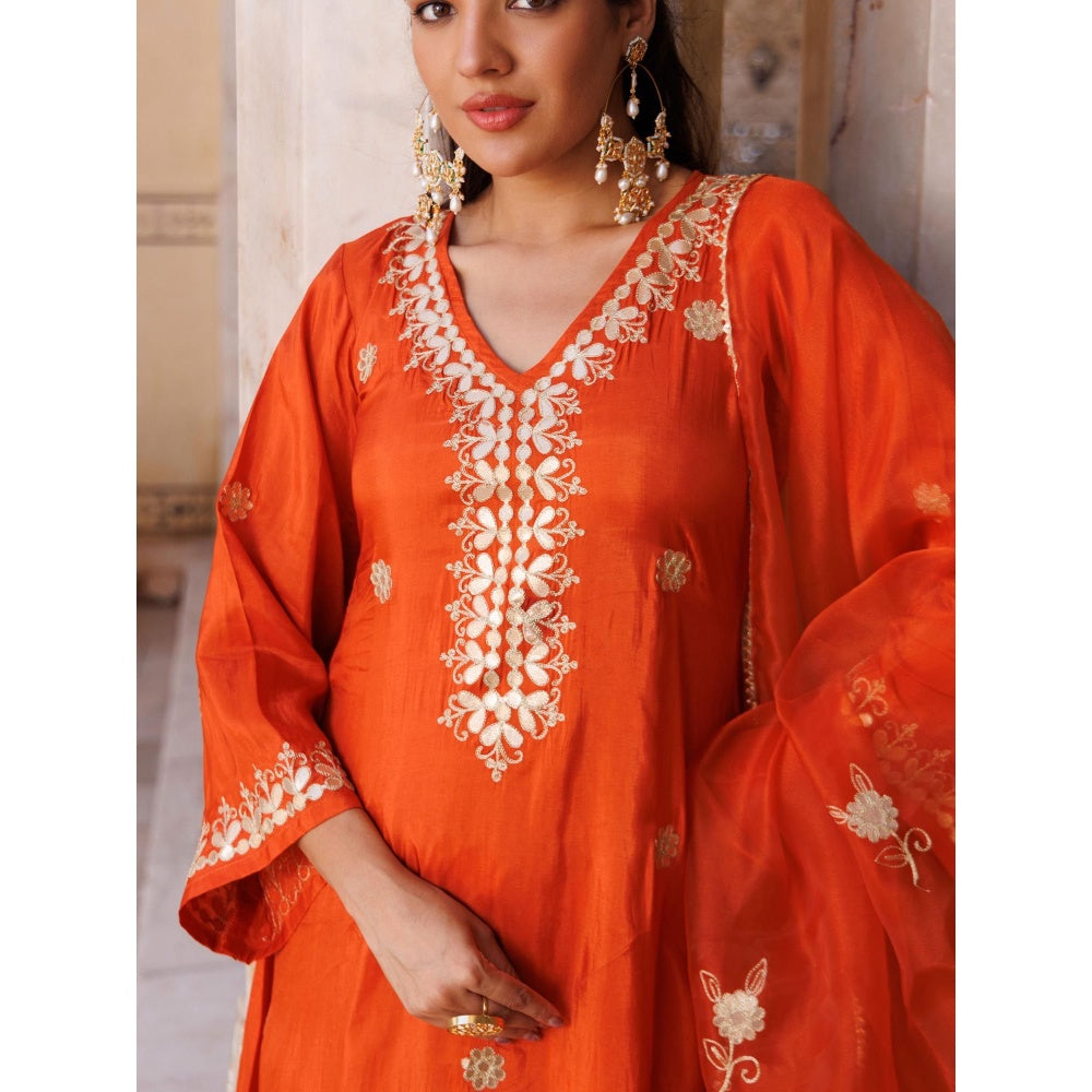 Bannhi Rust Silk Gota Patti Work Kurta With Pant and Dupatta