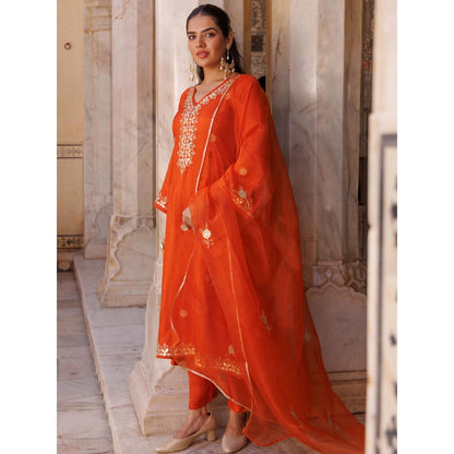 Bannhi Rust Silk Gota Patti Work Kurta With Pant and Dupatta