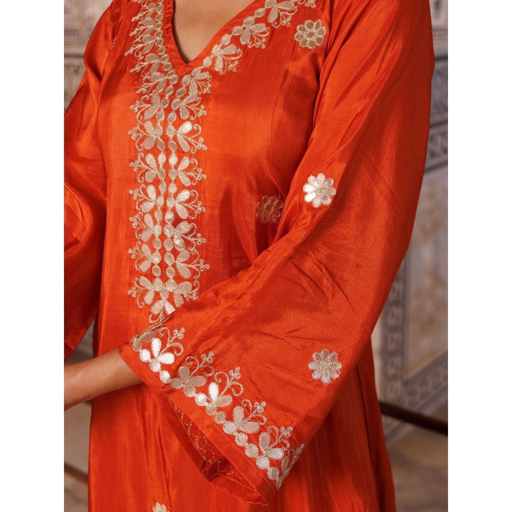 Bannhi Rust Silk Gota Patti Work Kurta With Pant and Dupatta