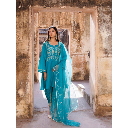 Bannhi Teal Green Embroidered Kurta With Dhoti and Dupatta