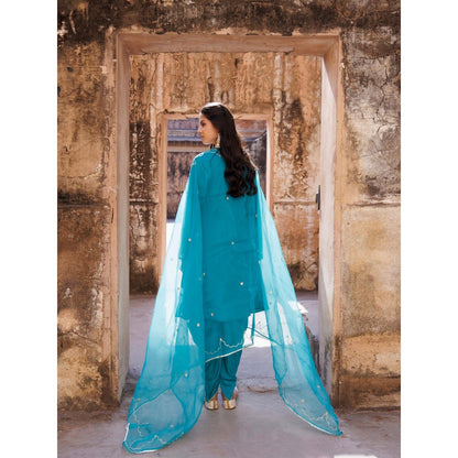 Bannhi Teal Green Embroidered Kurta With Dhoti and Dupatta