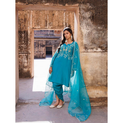 Bannhi Teal Green Embroidered Kurta With Dhoti and Dupatta