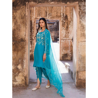 Bannhi Teal Green Embroidered Kurta With Dhoti and Dupatta