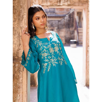 Bannhi Teal Green Embroidered Kurta With Dhoti and Dupatta