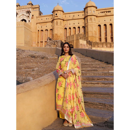 Bannhi Yellow Floral Printed Chiffon Kurta With Pant and Dupatta
