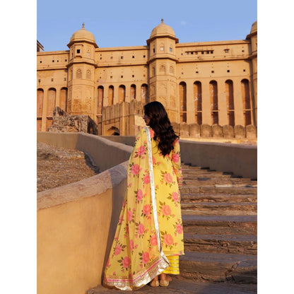 Bannhi Yellow Floral Printed Chiffon Kurta With Pant and Dupatta