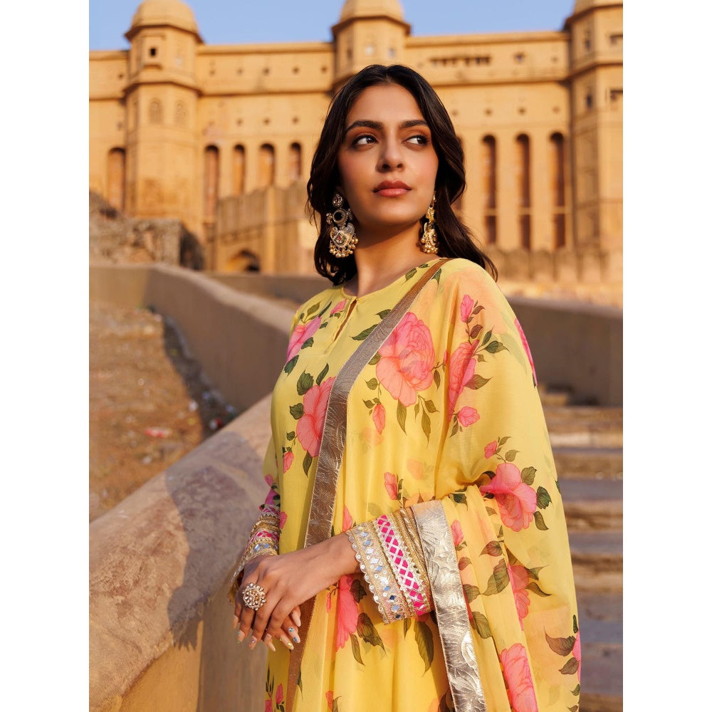 Bannhi Yellow Floral Printed Chiffon Kurta With Pant and Dupatta