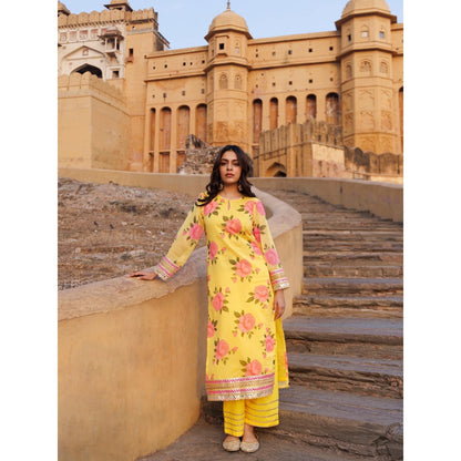 Bannhi Yellow Floral Printed Chiffon Kurta With Pant and Dupatta