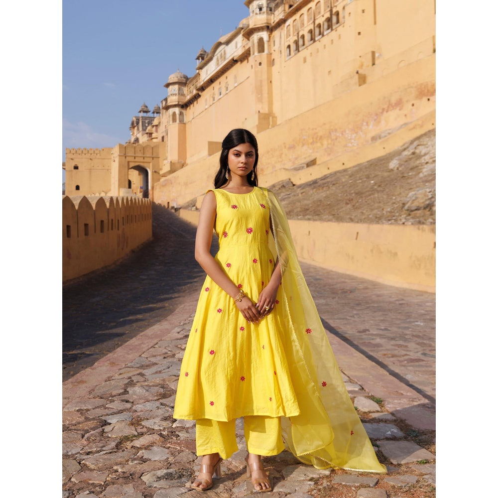 Bannhi Yellow Kesar Gul Chanderi Anarkali With Pant and Dupatta