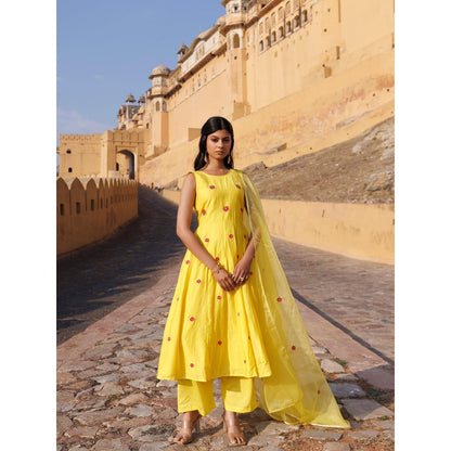 Bannhi Yellow Kesar Gul Chanderi Anarkali With Pant and Dupatta