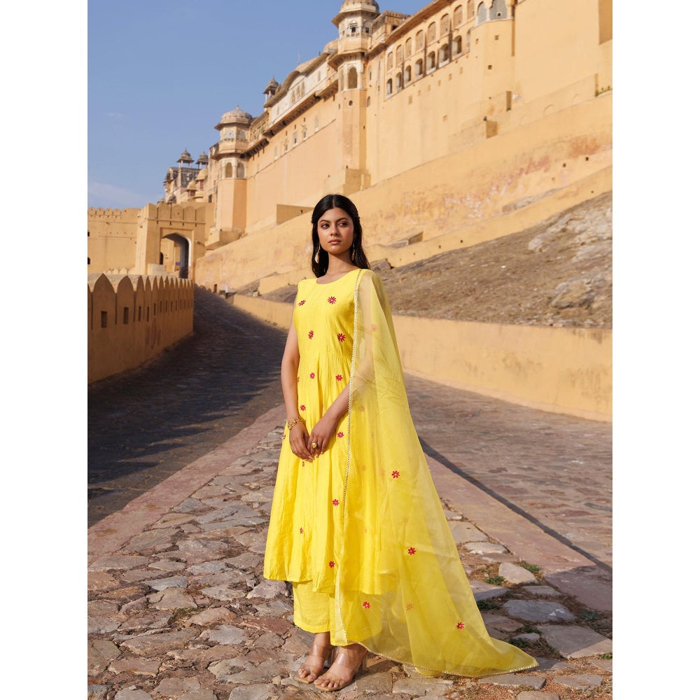 Bannhi Yellow Kesar Gul Chanderi Anarkali With Pant and Dupatta
