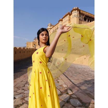 Bannhi Yellow Kesar Gul Chanderi Anarkali With Pant and Dupatta