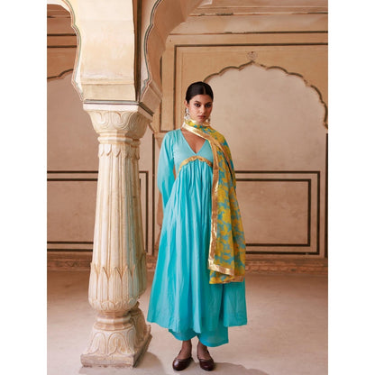Bannhi Blue Cotton Anarkali With Pant and Chiffon Dupatta