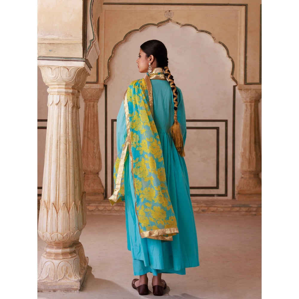 Bannhi Blue Cotton Anarkali With Pant and Chiffon Dupatta