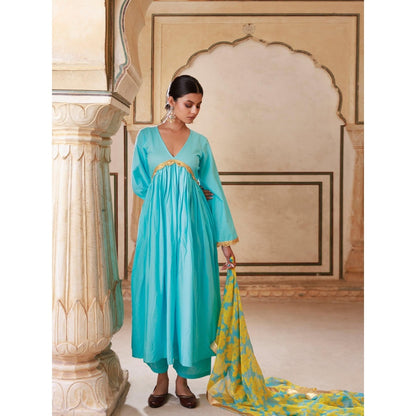 Bannhi Blue Cotton Anarkali With Pant and Chiffon Dupatta