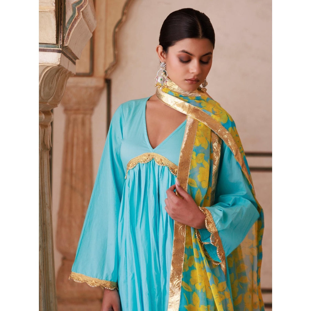 Bannhi Blue Cotton Anarkali With Pant and Chiffon Dupatta