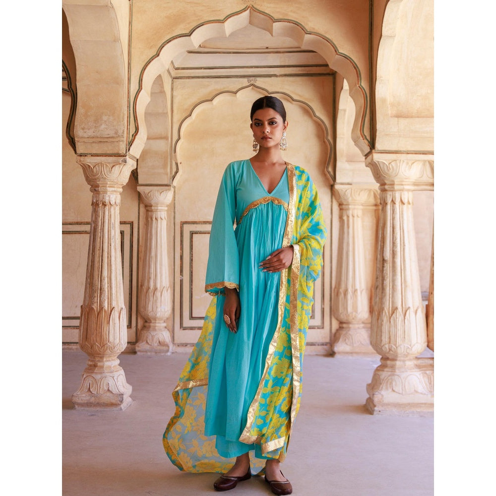 Bannhi Blue Cotton Anarkali With Pant and Chiffon Dupatta