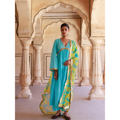 Bannhi Blue Cotton Anarkali With Pant and Chiffon Dupatta