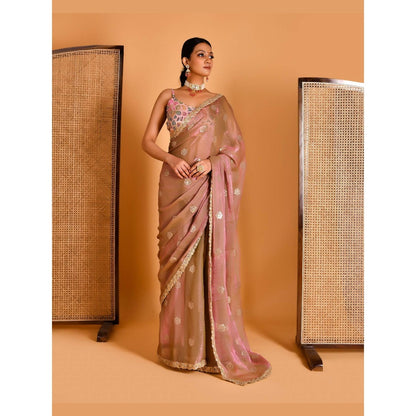 Bannhi Pink Barkha Tissue Organza Saree With Stitched Blouse