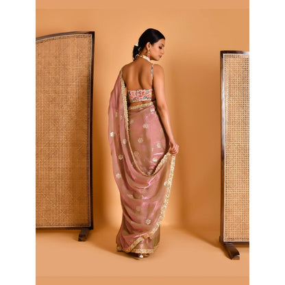 Bannhi Pink Barkha Tissue Organza Saree With Stitched Blouse