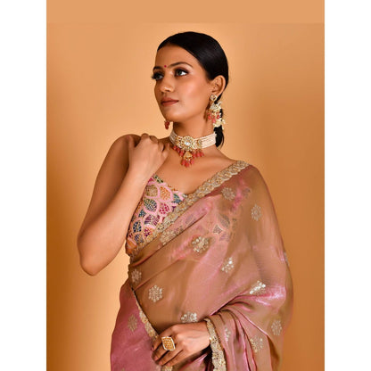 Bannhi Pink Barkha Tissue Organza Saree With Stitched Blouse