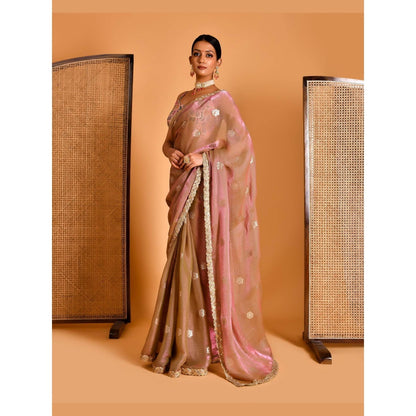 Bannhi Pink Barkha Tissue Organza Saree With Stitched Blouse